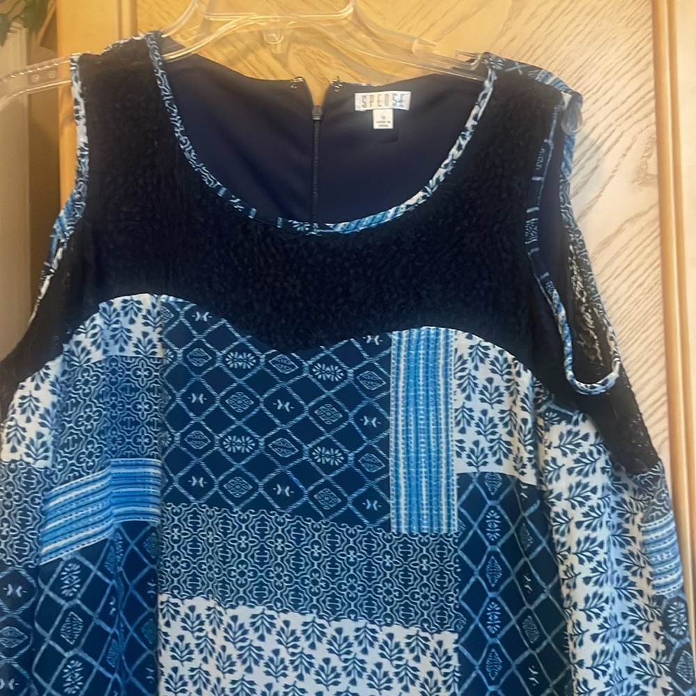 Spense Blue Pattern Lined Cold Shoulder Dress Siz… - image 4
